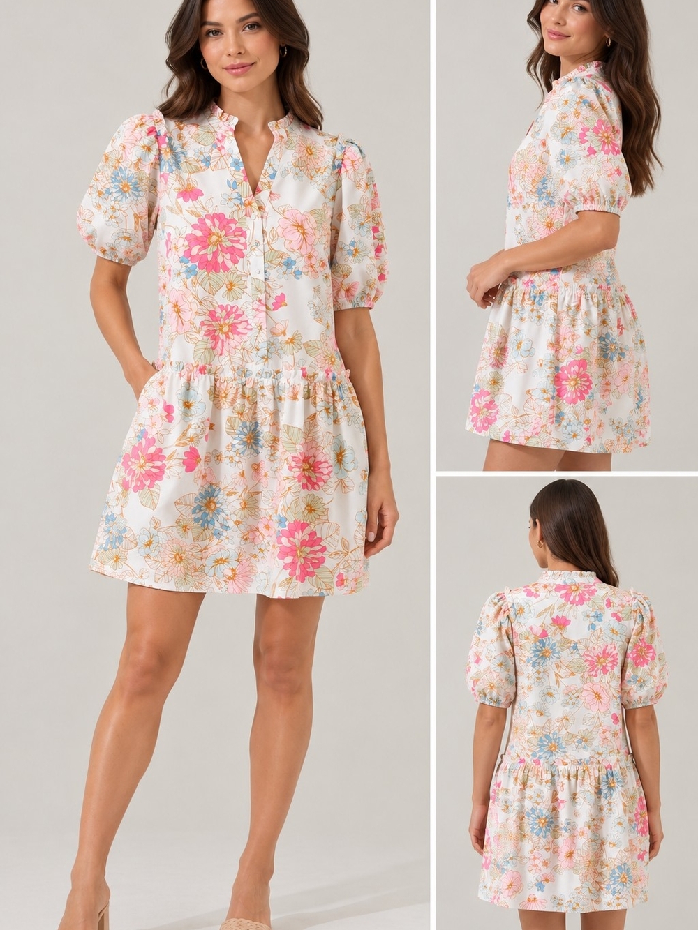 Sugarlips White Floral Puff-Sleeve Tiered Mini Dress